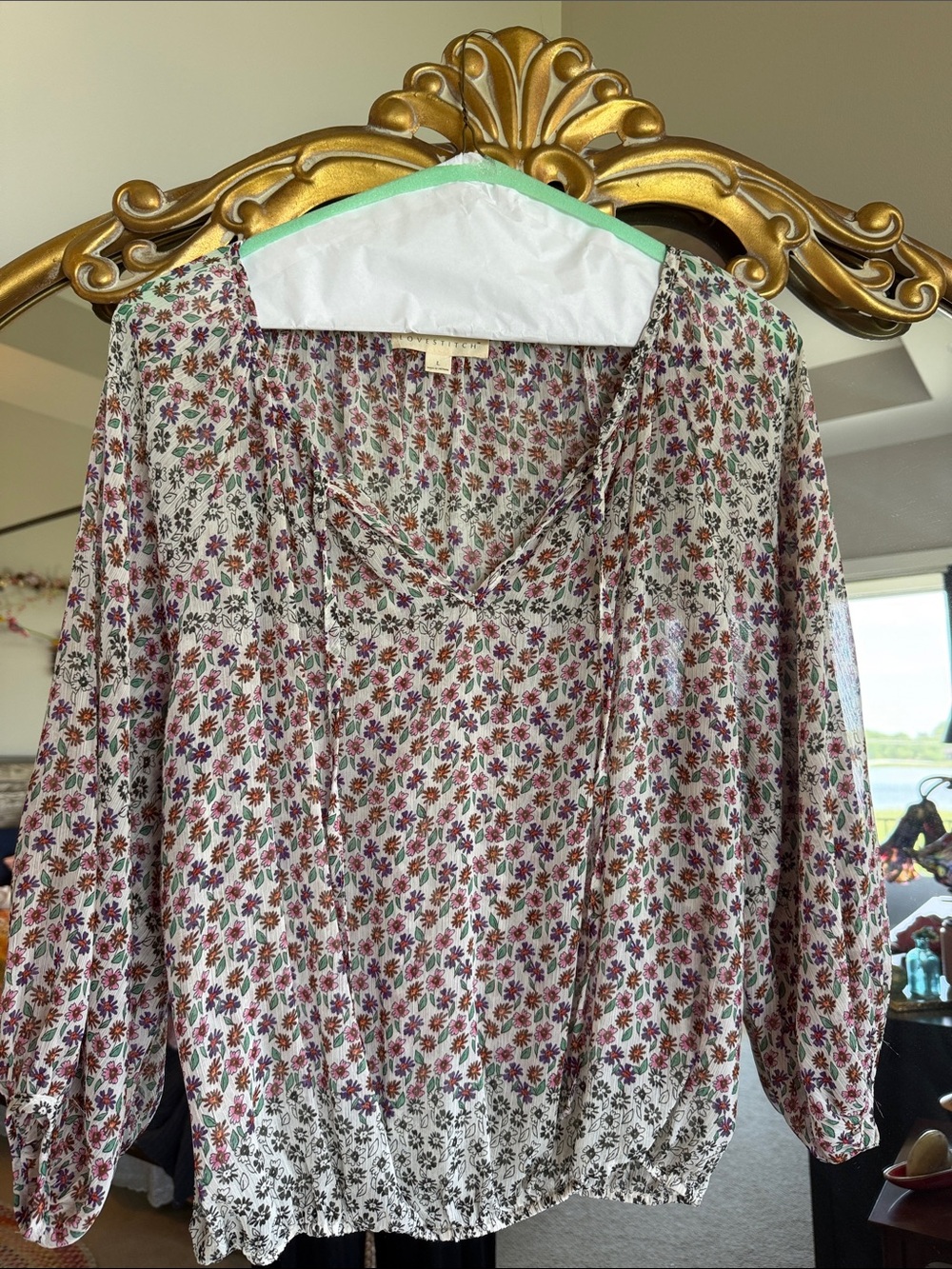 lovestitch White Floral V-Neck Blouse with Pink & Green